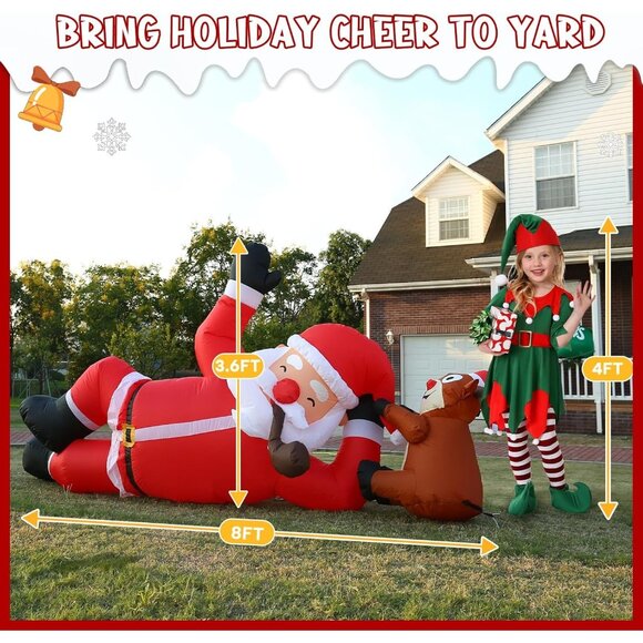 ⚡8FT Christmas Inflatable Lying Santa Reindeer Outdoor Roof Indoor Decoration - Picture 3 of 7
